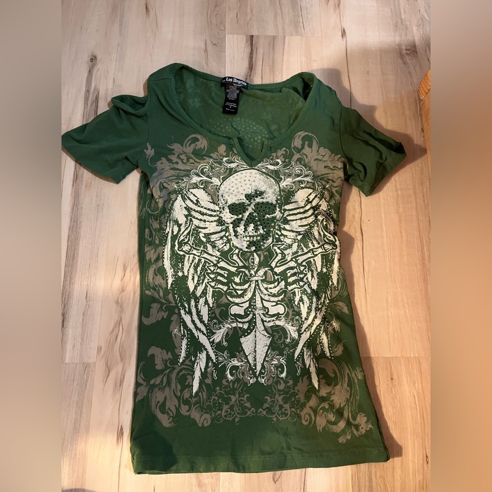 Green grunge y2k rhinestones skull gothic shirt/dress